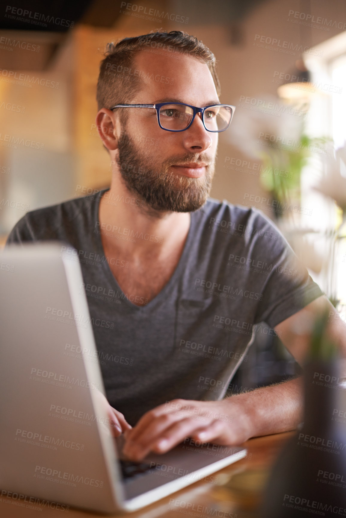 Buy stock photo Thinking, research and laptop with man in coffee shop for online review, customer feedback and idea. Small business, remote worker and cafe reputation with person in restaurant for lunch break