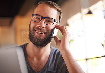 Buy stock photo Phone call, portrait and smile with man in coffee shop for customer feedback, vendor inquiry and reservation. Restaurant order, entrepreneur and small business owner with person in cafe for chat