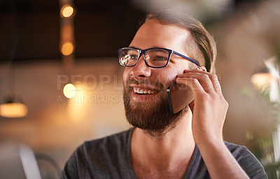 Buy stock photo Editor, phone call and happy in coffee shop for project, approval and internet website research for inspiration. Cafe, laptop and freelance man with email for remote work, communication or feedback