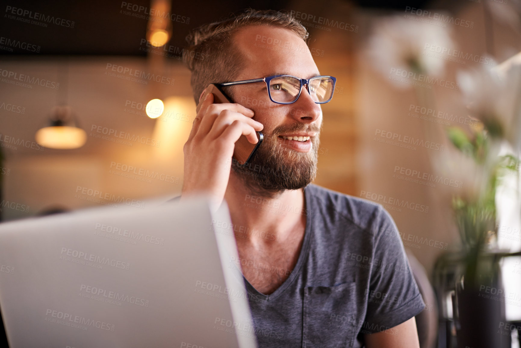 Buy stock photo Editor, phone call and feedback in coffee shop for project, approval and internet website research for inspiration. Cafe, laptop and freelance man with email for remote work, communication or plan