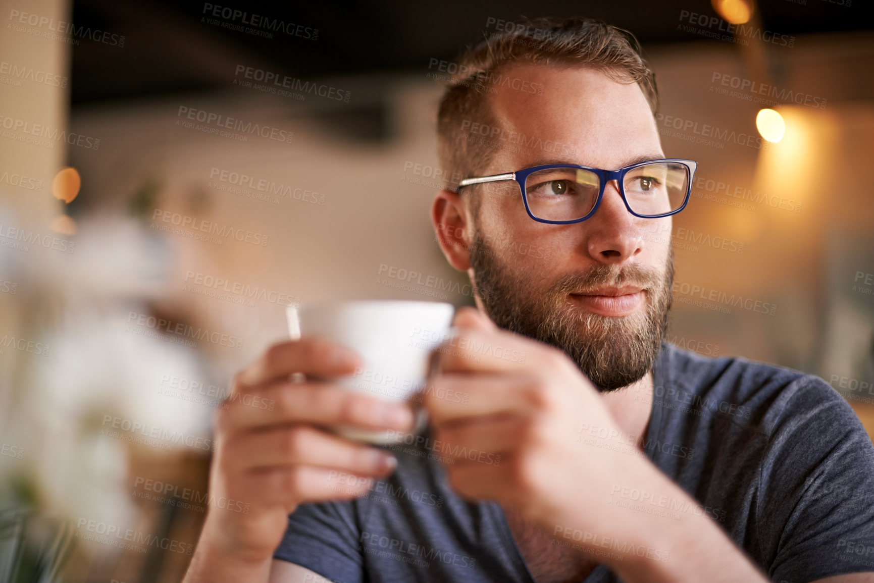 Buy stock photo Coffee, thinking and man in restaurant with remote work for digital nomad career with travel for creativity. Ideas, cappuccino and copywriter with caffeine drink in cafe for project in morning.