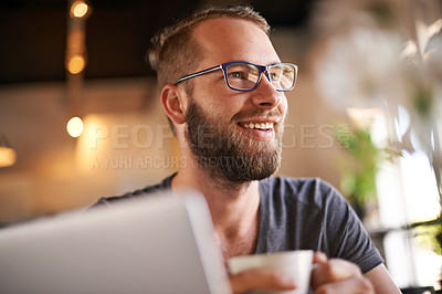 Buy stock photo Editor, smile and thinking in coffee shop for project, networking and internet website research for inspiration. Cafe, laptop and freelance man with email for remote work, communication or planning