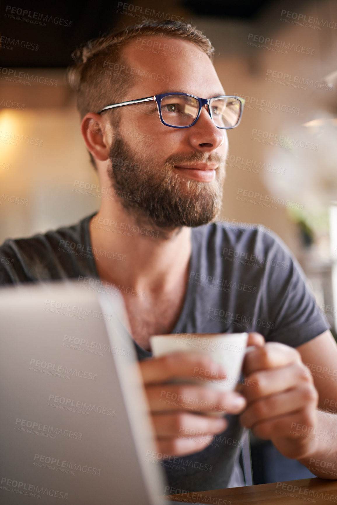 Buy stock photo Man, smile and thinking in coffee shop for project, networking and internet website research for inspiration. Cafe, laptop and freelance editor with email for remote work, communication or planning
