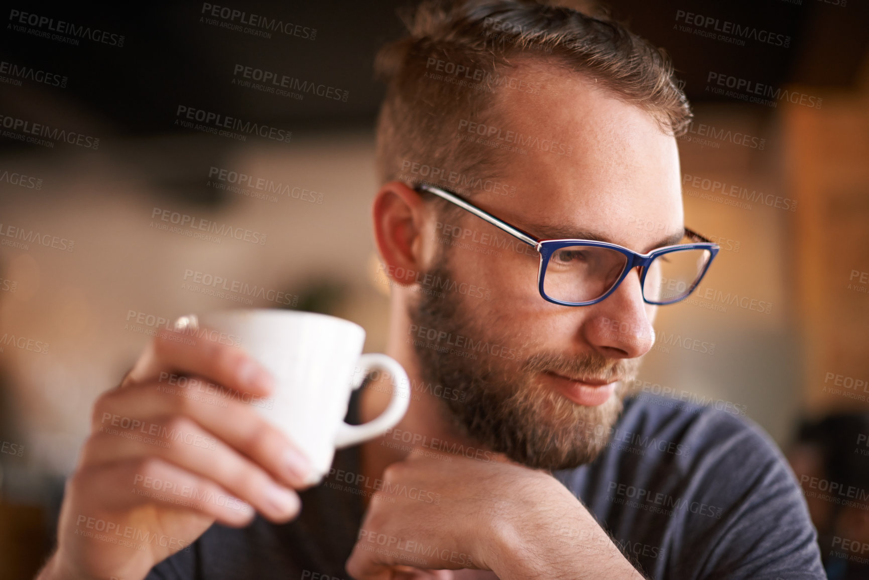 Buy stock photo Thinking, man and glasses with coffee at cafe for morning start, past reflection and nostalgia as client. Male person, contemplation and beverage drink for customer experience, memory and hospitality