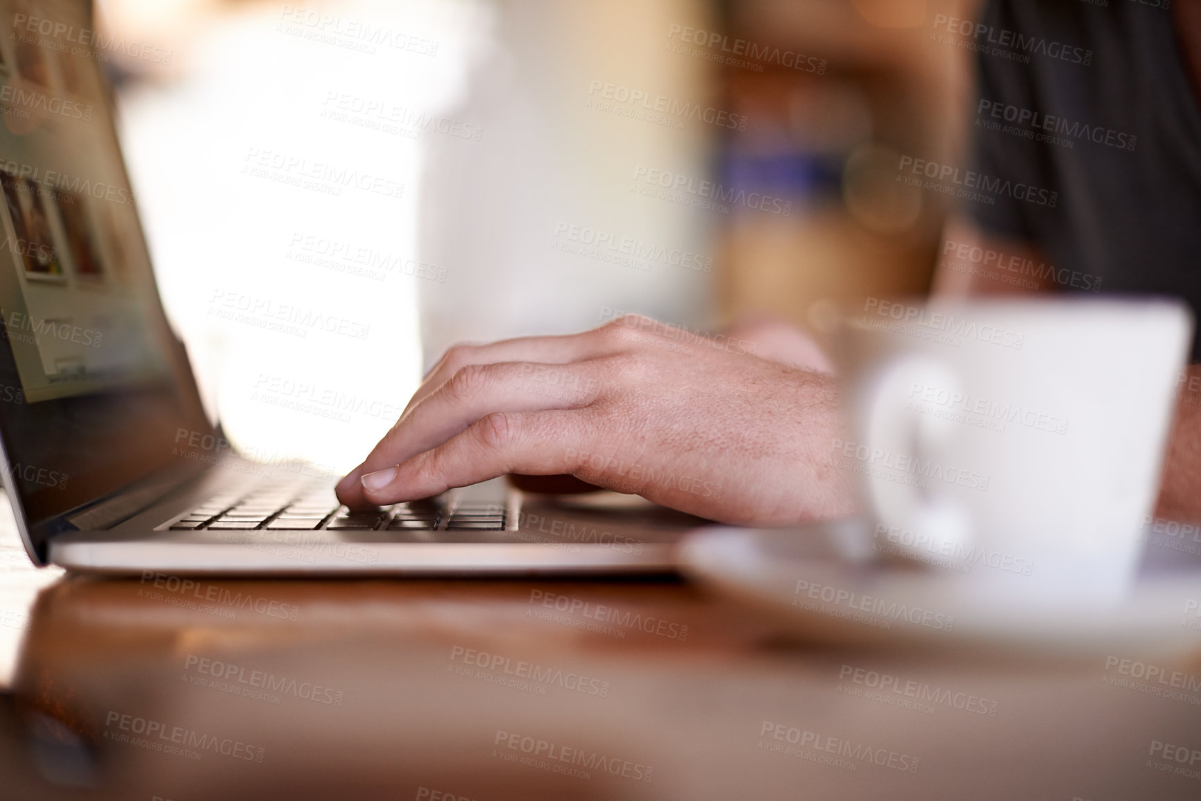 Buy stock photo Laptop, hands typing and person in coffee shop, digital nomad or remote work for social media marketing. Computer, freelancer or customer in cafe for writing blog, sponsorship email or closeup online