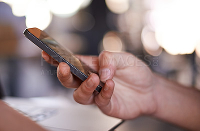 Buy stock photo Phone, hand and person in coffee shop typing on mobile app for online browsing for travel. Cellphone, closeup and digital nomad booking flight on website with remote work at cafe or restaurant.