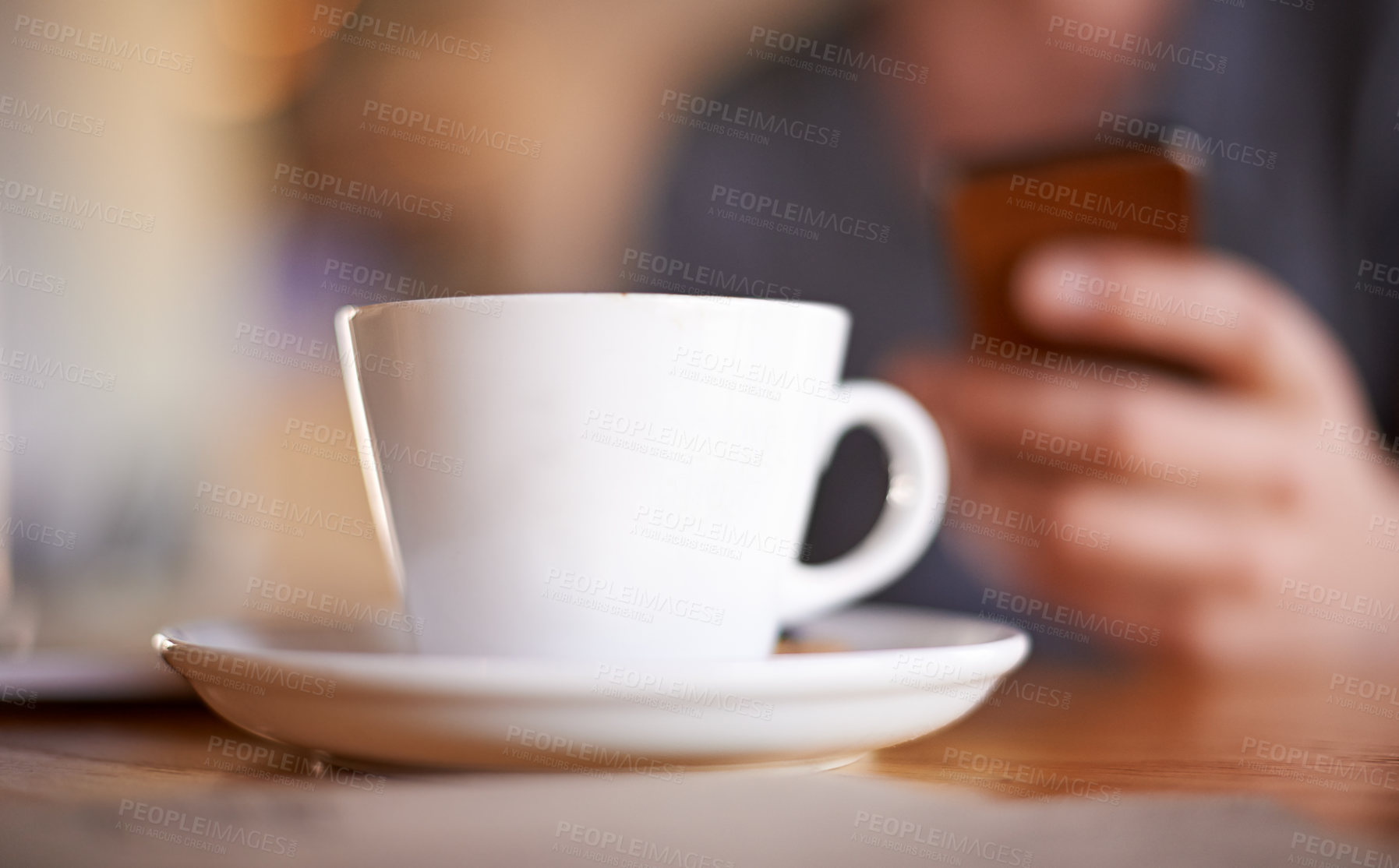 Buy stock photo Freelancer, hands and phone with person coffee shop  for online review, customer feedback and report. Small business, remote worker and cafe reputation with client closeup in restaurant for lunch