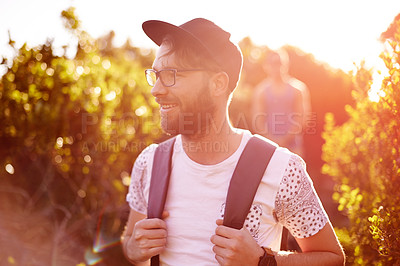 Buy stock photo Adventure, hiking or thinking and man in mountains with friends for bonding, exploration or journey. Exercise, health and smile with happy people trekking or walking outdoor in nature for travel