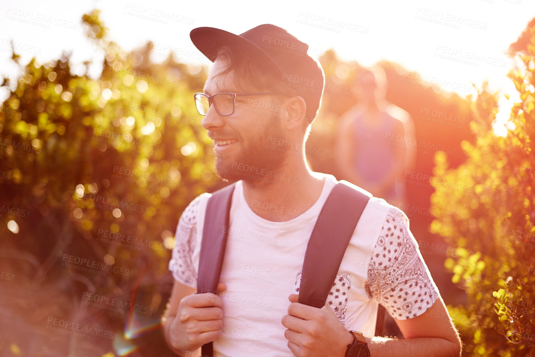 Buy stock photo Adventure, hiking or thinking and man in mountains with friends for bonding, exploration or journey. Exercise, health and smile with happy people trekking or walking outdoor in nature for travel