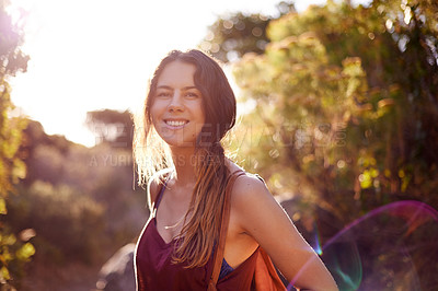 Buy stock photo Happy, girl and portrait for hiking on mountains with bush adventure, travel journey and exercise. Smile, woman and trekking trip in nature, fitness getaway and vacation exploration with destination 