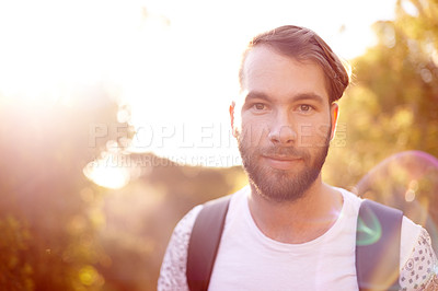 Buy stock photo Portrait, summer and hiking with man in nature for explore, travel vacation and adventure. Health, trekking and backpacking with person outdoors on path for wellness, fitness journey and eco tourism