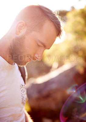 Buy stock photo Thinking, man and backpack for hiking outdoor for nature adventure, travel journey and exercise. Male, backpacking and trekking trip on trail, fitness getaway or vacation explore for destination idea