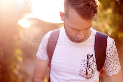 Buy stock photo Thinking, man and backpack for hiking on mountains of bush adventure, travel journey and exercise. Male, backpacking and trekking trip in nature, fitness getaway and vacation explore for destination 