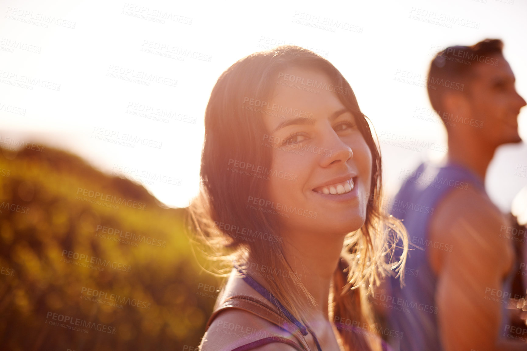 Buy stock photo Portrait, woman and hiking on mountain outdoor with adventure view, travel journey and destination. Smile, people and backpacking getaway in nature, sightseeing and vacation exploration with location