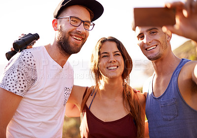 Buy stock photo Group of friends, selfie and sunset walk on mountain for countryside, travel or adventure to explore nature. Journey, people and memories with natural environment for hiker, hobby or bonding together