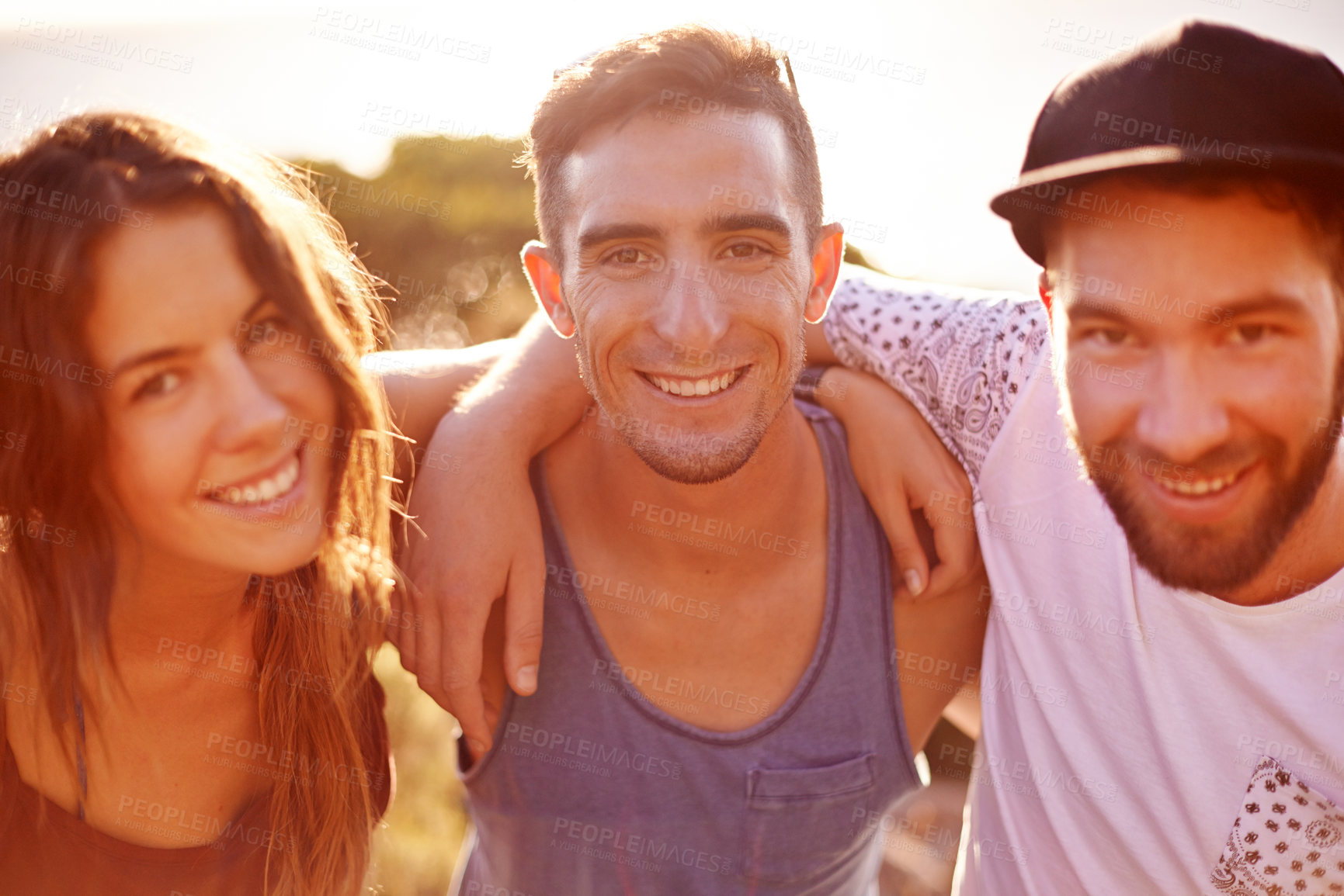 Buy stock photo Portrait, people and hug on mountain outdoor of hiking adventure, travel journey and bonding. Smile, friends and embrace with trekking getaway, sightseeing and vacation gathering for trip destination