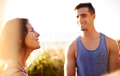 Buy stock photo Smile, couple and hiking on mountain outdoor for date adventure, travel journey and exploration. Happy, people and view with trekking getaway, sightseeing and vacation trip for bonding at destination