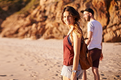 Buy stock photo Portrait, woman and walking on beach outdoor for partner travel, summer adventure and getaway. Happy, people and ocean with holiday journey, tropical destination and couple bonding for relationship