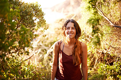 Buy stock photo Portrait, woman and happy on mountain outdoor of hiking adventure, travel journey and explore. Smile, female person and glasses for trekking getaway, sightseeing and vacation path of trip destination