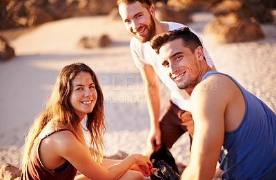 Buy stock photo Relax, portrait and travel with friends at beach for summer vacation, adventure and tropical destination. Holiday, smile and tourism with people on hill outdoors for wellness, sunset and paradise
