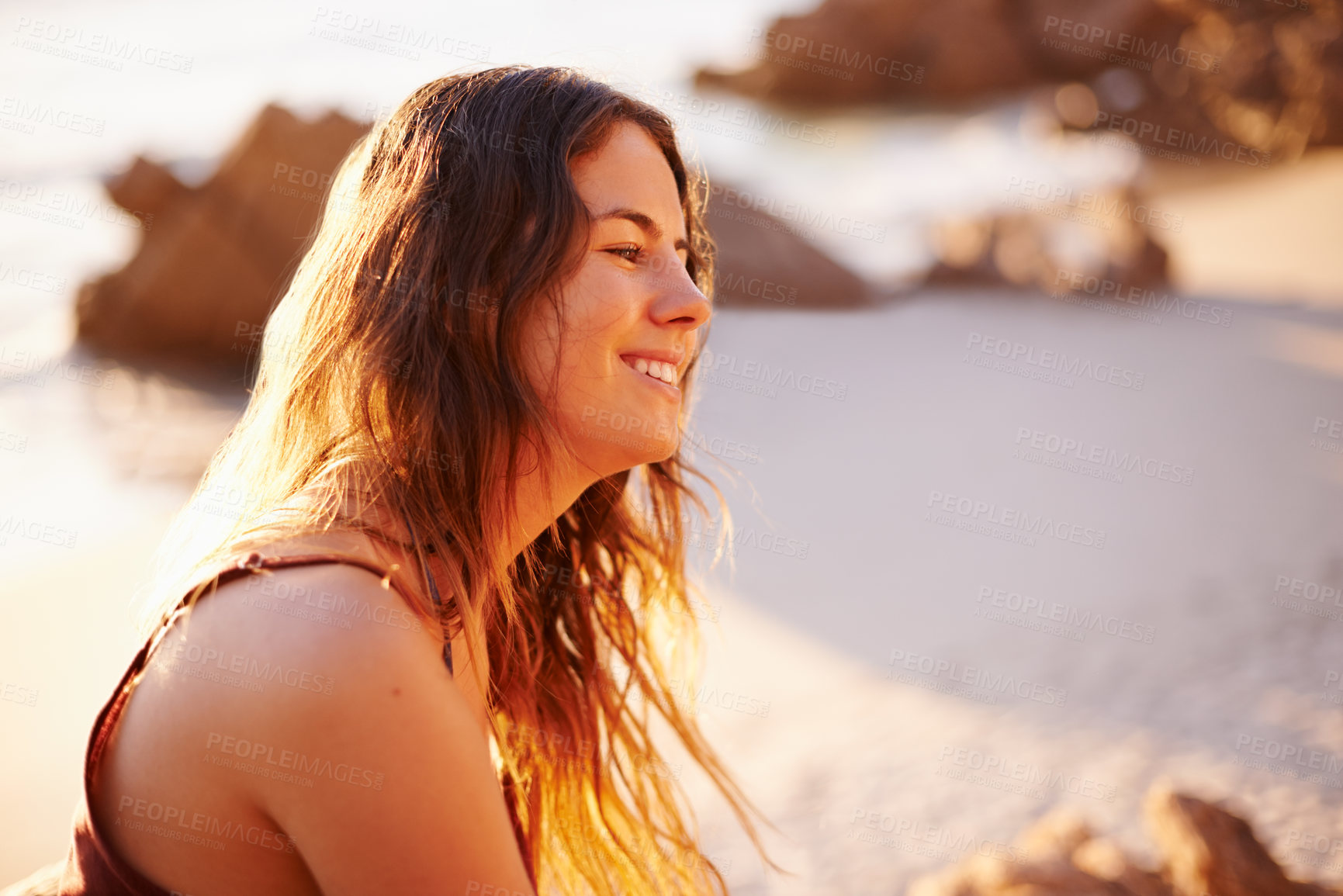 Buy stock photo Relax, smile and travel with woman at beach for summer vacation, adventure and tropical destination. Holiday, peace and tourism with person on hill outdoor on coast for wellness, sunset and paradise