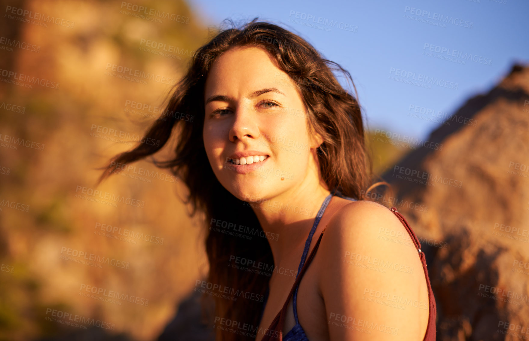 Buy stock photo Fitness, hiking and portrait of woman in mountains for outdoor adventure, exercise or journey. Health, travel and vacation with hiker in nature location for discovery or exploration of environment
