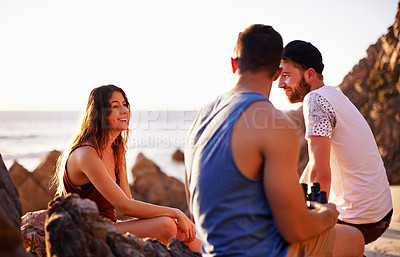 Buy stock photo Relax, smile and travel with friends at beach for summer vacation, adventure and tropical destination. Holiday, peace and tourism with people on hill outdoors for wellness, sunset and paradise