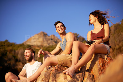 Buy stock photo Friends, view and hike break on mountain for countryside, travel or adventure to explore nature. Trekking, group of people and journey for natural environment hiker, hobby and bonding together