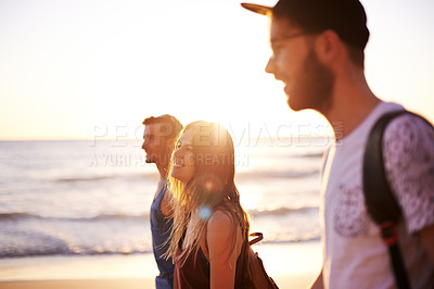 Buy stock photo Smile, friends and walking on beach outdoor with travel reunion, summer adventure and getaway. Happy, people and ocean trip with holiday journey, island destination and bonding together for gathering