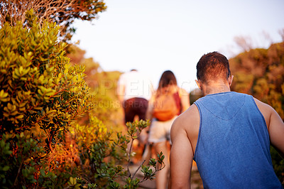 Buy stock photo Friends, back and hike on mountain for countryside, travel or adventure to explore nature. Journey, group of people and vacation with natural environment for walking, hobby or bonding together