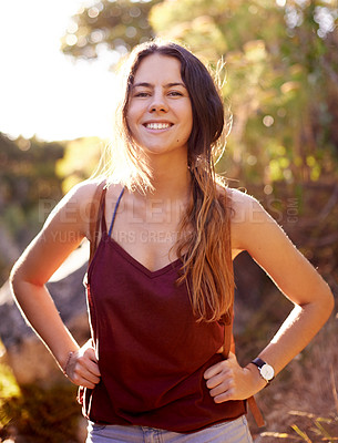 Buy stock photo Portrait, travel and relax with woman in nature for hiking, adventure and summer vacation. Trekking, tour guide and eco tourism with person outdoors for environment, wildlife reserve and trip