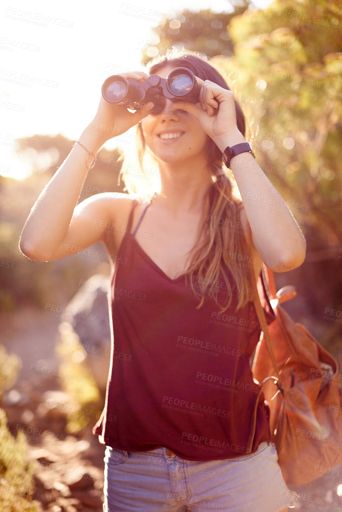 Buy stock photo Woman, smile and binoculars in nature for bird watching explore and enjoy view in Italy. Person, happy or outdoor with magnifying lens for adventure, sightseeing or travel in countryside for wellness
