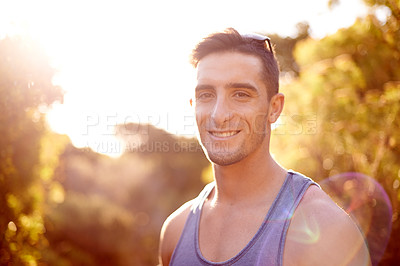 Buy stock photo Portrait, happy and hiking with man in nature for explore, summer vacation and adventure. Health, trekking and travel with person outdoors on path for wellness, fitness journey and eco tourism