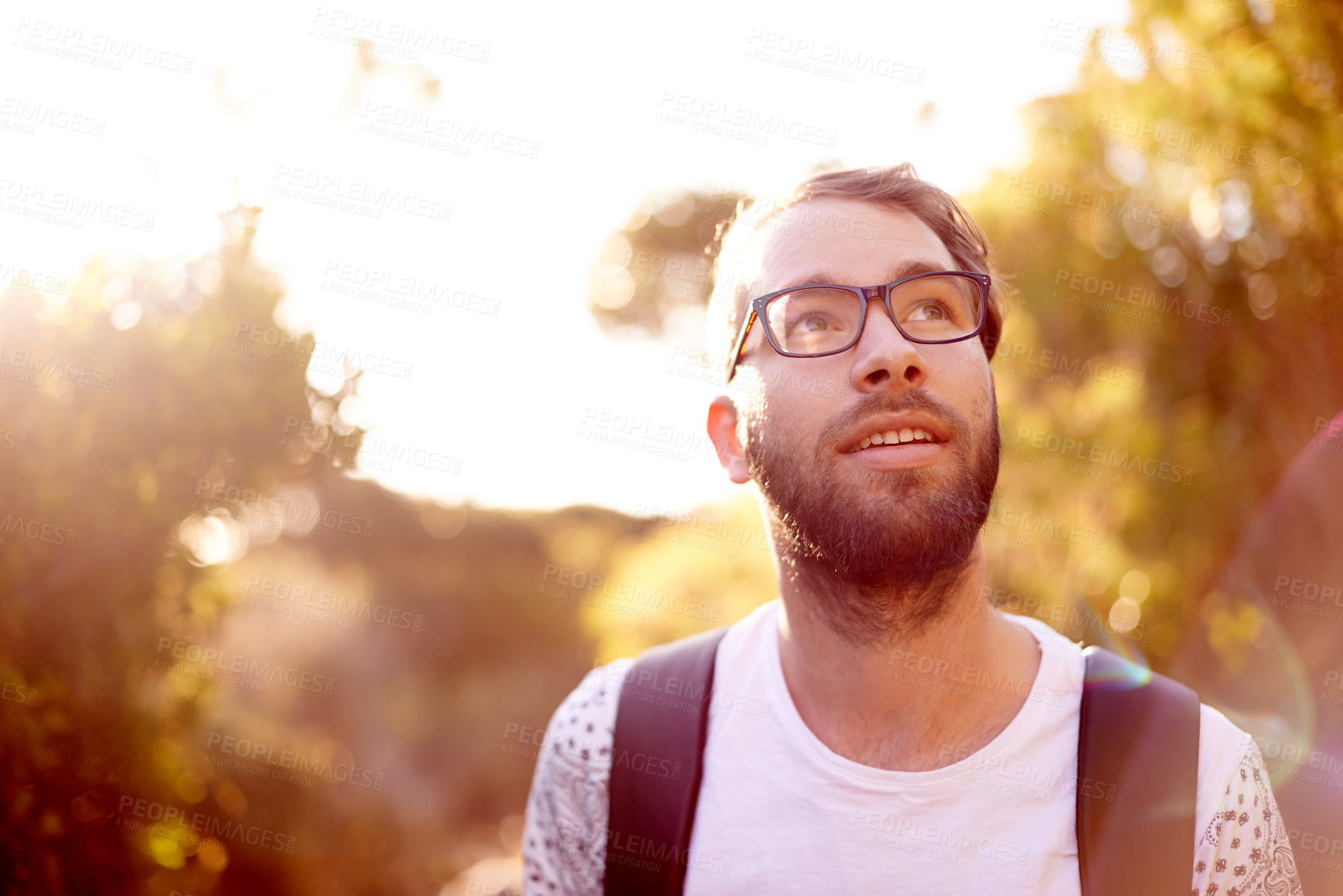 Buy stock photo Thinking, health and hiking with man in nature for explore, summer vacation and reflection Travel, vision and relax with person outdoors on path for wellness, fitness journey and eco tourism