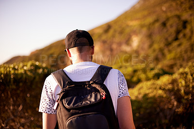 Buy stock photo Man, back and hiking in forest nature, fitness and outdoor travel for cardiovascular wellness. Male person, tourist and walking on mountain, exercise journey and exploration adventure or trekking