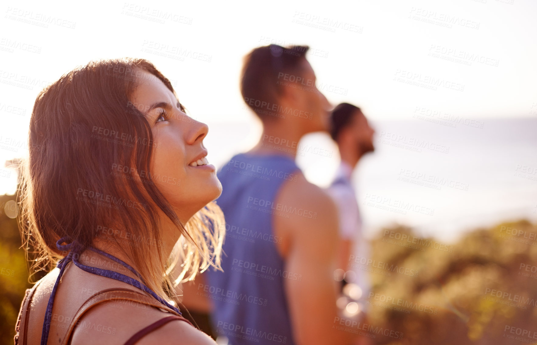 Buy stock photo People, sightseeing and hiking together in nature, fitness and outdoor travel for cardio wellness. Friends, group and woman with view on mountain, exercise journey and happy adventure or trekking