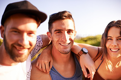 Buy stock photo Portrait, people and embrace on mountain outdoor of hiking adventure, travel journey and bonding. Smile, friends and hug with trekking getaway, sightseeing and vacation gathering for trip destination