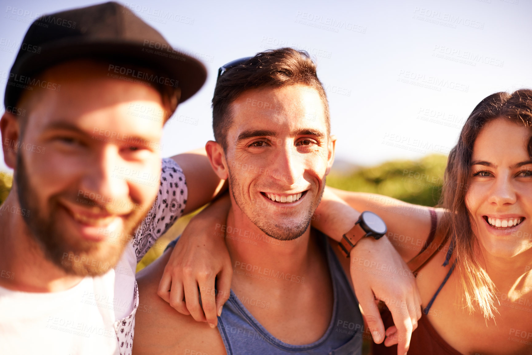 Buy stock photo Portrait, people and embrace on mountain outdoor of hiking adventure, travel journey and bonding. Smile, friends and hug with trekking getaway, sightseeing and vacation gathering for trip destination