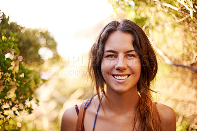 Buy stock photo Portrait, woman and smile for hiking on mountains of bush adventure, travel journey and exercise. Happy, female backpacker and trekking in nature, fitness goals and vacation explore with destination 