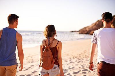 Buy stock photo Back, friends and walking on beach outdoor for travel reunion, summer adventure and getaway. Group, people and ocean for holiday journey, tropical destination and bonding together of social gathering