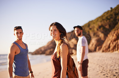 Buy stock photo Happy, people and portrait on beach outdoor for travel reunion, summer adventure and getaway. Smile, friends and ocean trip with holiday journey, island destination and bonding together for gathering