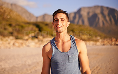 Buy stock photo Portrait, man and smile at beach outdoor for summer vacation, weekend break and getaway trip. Happy, male person and ocean with holiday travel, island location and tropical adventure for calm morning