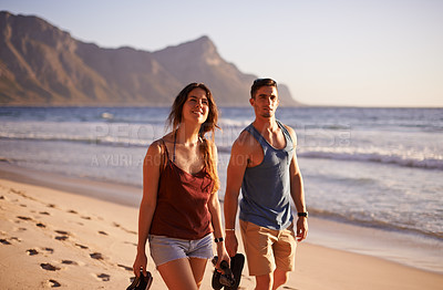 Buy stock photo Smile, couple and walking on beach outdoor with vacation travel, summer adventure and getaway. Happy, people and ocean with holiday journey, tropical destination and bonding together for relationship