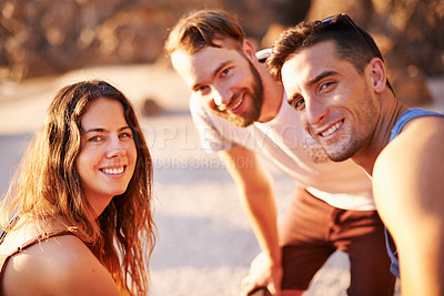 Buy stock photo Relax, smile and portrait with friends at beach for summer vacation, adventure and tropical destination. Holiday, travel and tourism with group of people outdoors for wellness, sunset and happiness