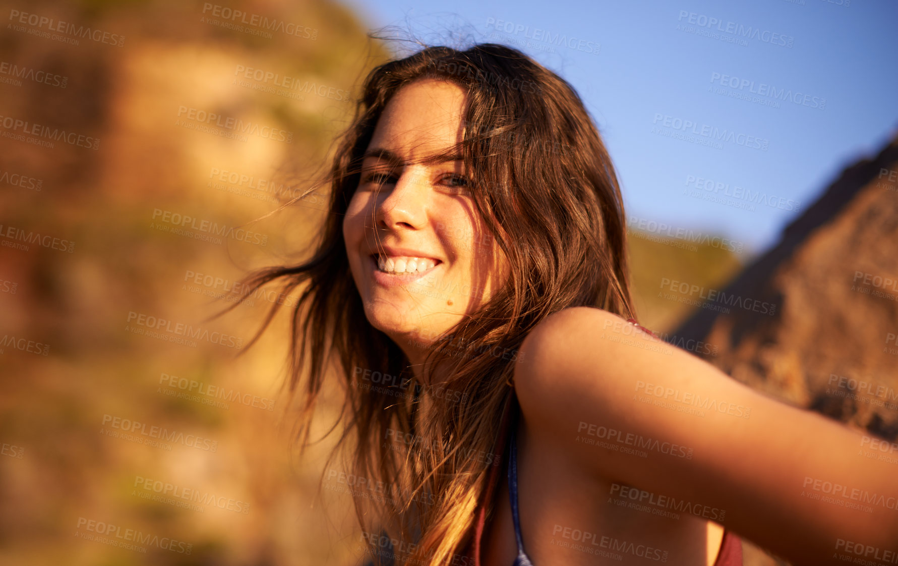 Buy stock photo Hiking, portrait and smile of woman in mountains for outdoor adventure, exercise or journey. Fitness, health and travel with happy hiker in nature location for discovery or exploration of environment