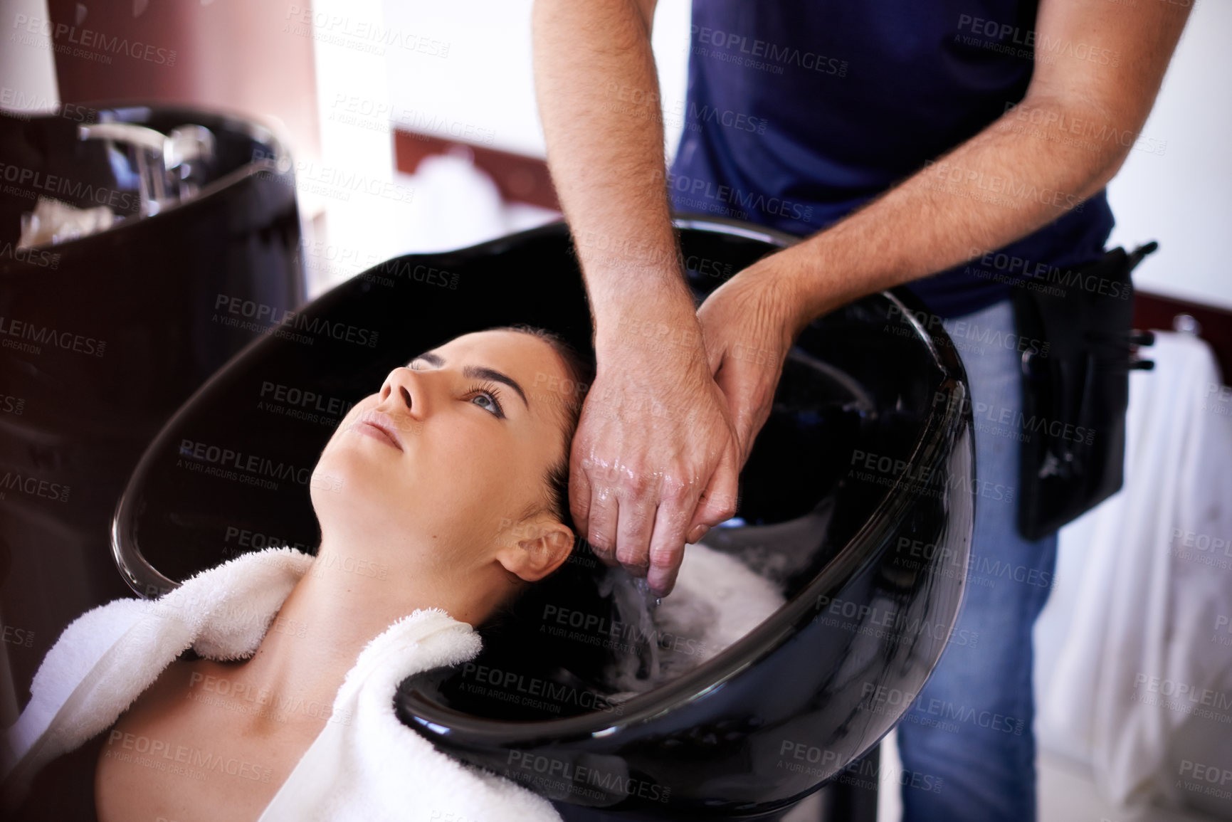 Buy stock photo Woman, hairdresser and washing in beauty salon with hands, basin or process for hygiene, cleaning and wellness. People, shampoo and shower for care with cosmetics for transformation, change or growth