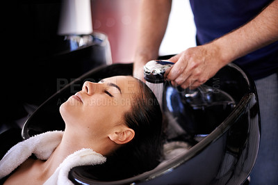 Buy stock photo Woman, shower and shampoo in beauty salon with hands, basin or process for hygiene, cleaning and benefits. People, hairdresser and water for care with cosmetics for transformation, change or growth