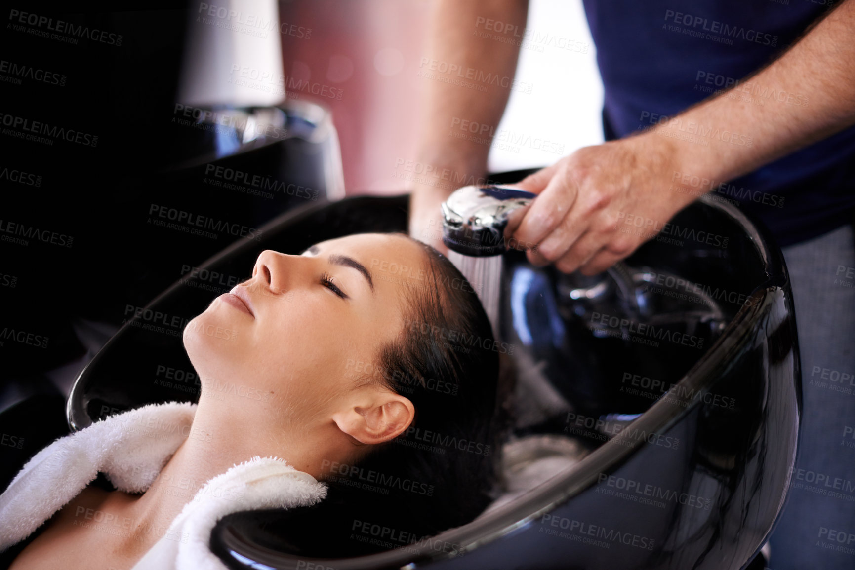 Buy stock photo Woman, shower and shampoo in beauty salon with hands, basin or process for hygiene, cleaning and benefits. People, hairdresser and water for care with cosmetics for transformation, change or growth