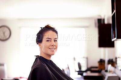 Buy stock photo Salon, portrait and client at hairdresser for keratin treatment, shampoo or dye appointment. Service, beauty and female customer with smile at spa for cosmetics, haircut or professional care