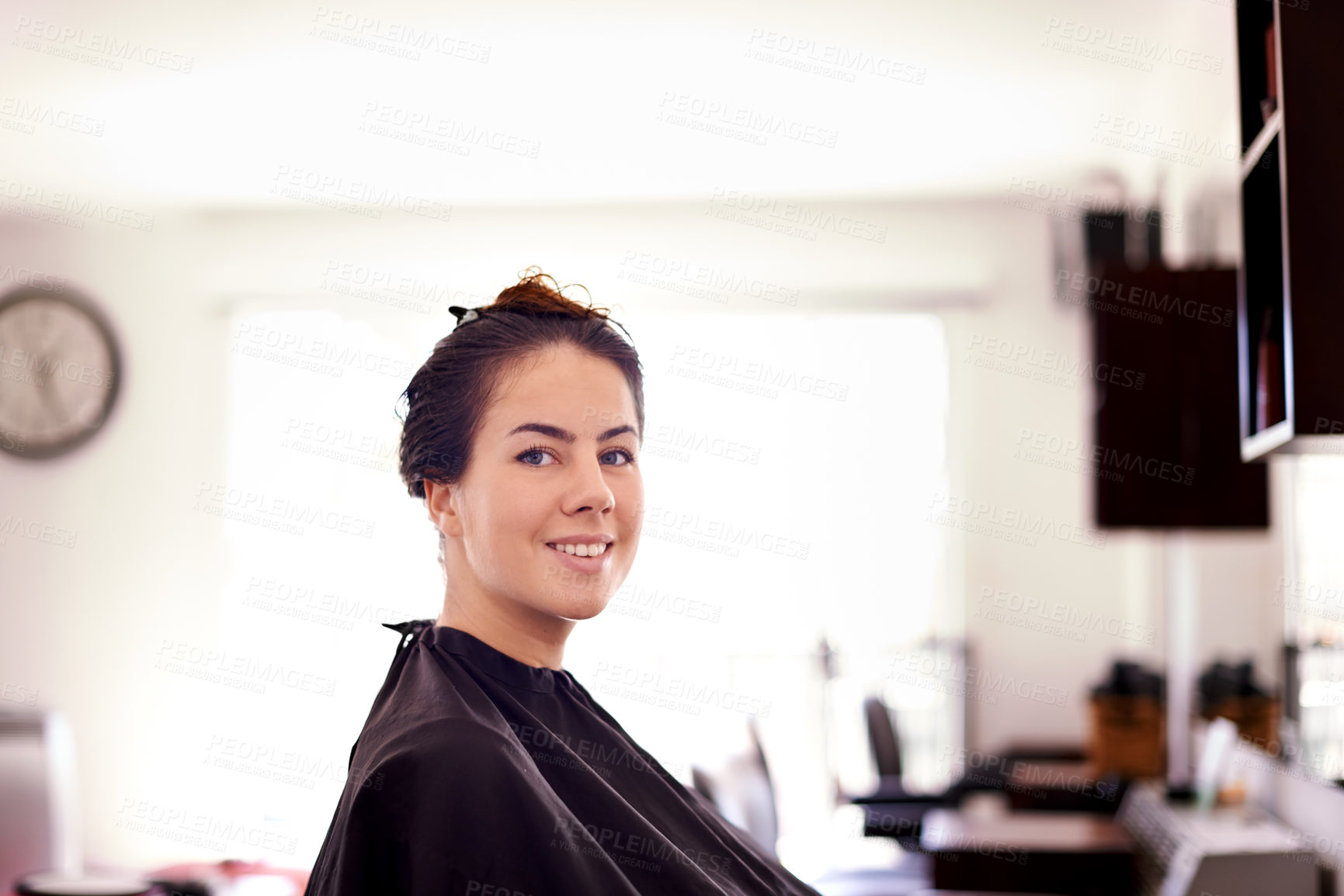 Buy stock photo Salon, portrait and client at hairdresser for keratin treatment, shampoo or dye appointment. Service, beauty and female customer with smile at spa for cosmetics, haircut or professional care